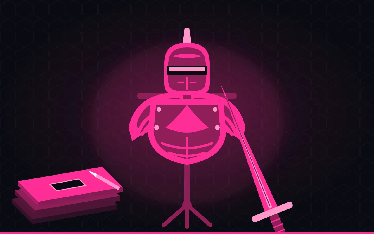 Flat-vector illustration of a cosplay armor build: helmet, pauldrons and breastplate on a stand, a prop sword leaning beside it and a stack of EVA foam sheets